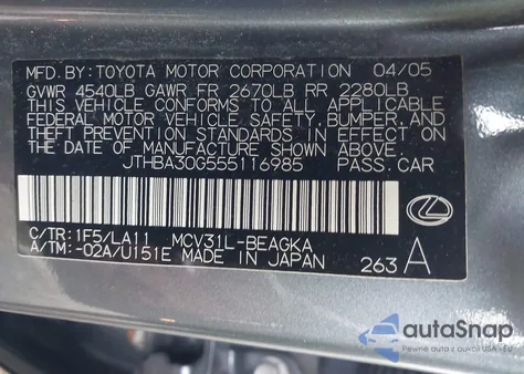 2005 Lexus Es 330 z USA, uszkodzony, nr VIN JTHBA30G555116985